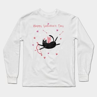 Happy valentines black cat. Cute cat and red hearts. Long Sleeve T-Shirt